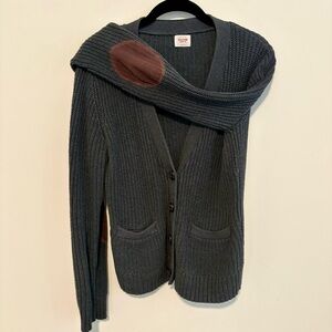 Gray Ribbed Cardigan Sweater with Brown Elbow Patches